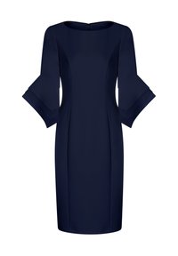 Navyblaues Kleid mit rundem Ausschnitt, strukturierter Passform und ausgestellt geschnittenen Dreiviertelärmeln. Hergestellt aus einem glatten, strukturierten Stoff. Mit Reißverschluss auf der Rückseite.
