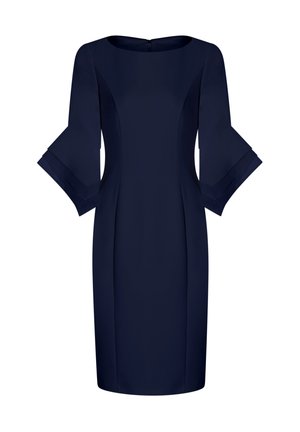 Vestito blu navy con scollatura rotonda, vestibilità strutturata e maniche a tre quarti svasate. Realizzato in un tessuto liscio e testurizzato. Chiusura con zip sul retro.