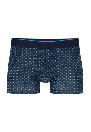 Marineblaue Boxer-Shorts mit einem geometrischen Muster aus kleinen hellblauen Kreuzen. Hergestellt aus einem weichen, elastischen Stoff mit einem bequemen Bund.