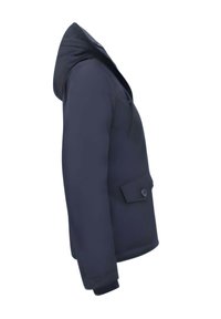 Marineblauw hoodjack met een gestroomlijnd ontwerp, voorzien van een enkele zak met knoopsluiting, een gladde textuur en aansluitende manchetten.