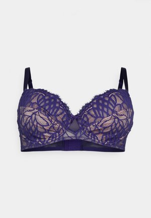 Spitzen-Balconette-BH in tiefem Lila mit floralem Mesh-Muster, verstellbaren Schulterträgern und Frontschleife.