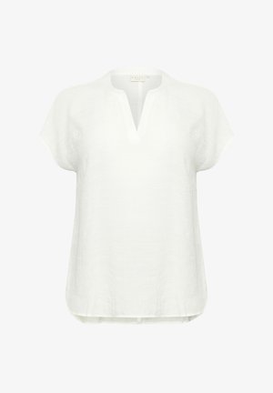 Top bianco in lino con scollatura a V, maniche corte e fit morbido con orlo leggermente curvo. Tessuto textured con dettagli minimi.