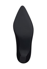 Semelle de chaussure à talon haut noire avec une forme pointue, surface en caoutchouc texturée, et un petit talon. Taille indiquée comme 37.