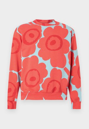 Rotes Sweatshirt mit Blumenmuster, große, kräftige rote Blumen auf hellblauem Hintergrund. Verfügt über Rundhalsausschnitt sowie gerippte Bündchen und Saum.