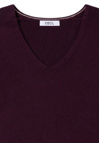 Bordeaux breipullover met een V-hals en geribbelde afwerking. Heeft een zachte textuur en een label met de tekst "CECIL" binnenin de hals.