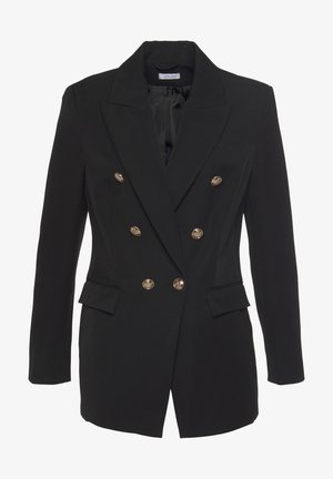 Blazer negro de doble botonadura con botones dorados, solapas con muesca y dos bolsillos frontales. Tejido suave con un diseño estructurado.