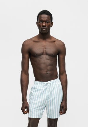 Μυώδης άνδρας στέκεται μπροστά σε απλό φόντο φορόντας ανοιχτό μπλε και λευκά κατακόρυφα ριγέ μαγιό με κορδόνι.