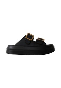 Sandale noire slip-on avec deux brides réglables et boucles dorées, et une semelle épaisse.