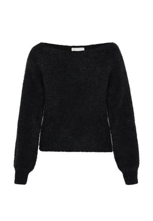 Pull noir en peluche avec de longues manches bouffantes et un large décolleté. Le tissu texturé crée une apparence douce. Coupe courte.