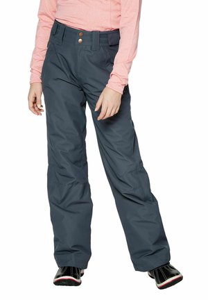 Pantaloni da neve grigi con una vestibilità ampia, realizzati in materiale resistente all'acqua, dotati di una cintura robusta, due bottoni e ginocchia rinforzate.