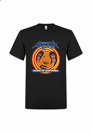 T-shirt noir avec spirale rouge et jaune, visages hurlants déformés, texte bleu "Anthrax" au-dessus et "State of Euphoria" en dessous.