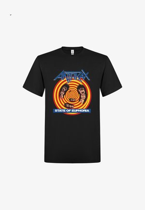 Camiseta negra con espiral roja y amarilla, caras distorsionadas gritando, texto azul "Anthrax" arriba y "State of Euphoria" abajo.