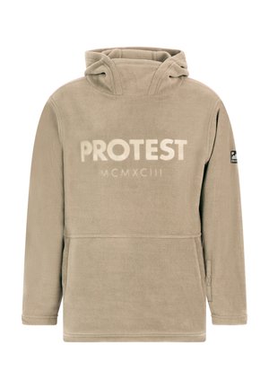Lichtbeige fleece pullover met capuchon, voorzien van een groot "PROTEST" logo en de tekst "MCMXCIII" in het wit. Zijdelingse zakken en elastische manchetten.