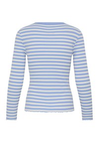 Langärmliges Oberteil aus Rippstoff mit blau-weißen horizontalen Streifen. Rundhalsausschnitt mit wellenförmigem Saum. Figurbetontes Design.