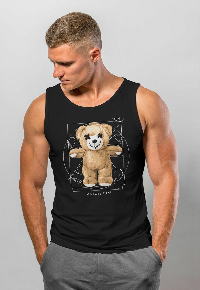 Black tank top featuring a graphic of a plush bear with a stitched face, showing beige fur against a white sketch of anatomical lines.