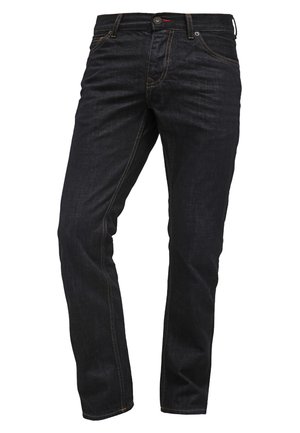 Dunkelblaue Jeans mit geradem Schnitt, ausgestattet mit Kontrastnähten, normalen Taschen und einem Reißverschluss mit Knopfverschluss.