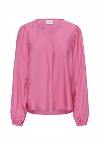 Blouse rose à manches longues avec un col en V, dotée de poignets élastiques et d'une coupe légèrement ample, fabriquée en tissu léger et texturé.