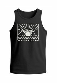 Black tank top featuring a white graphic with mountains, sun, and rays, and the word "NEVERLESS" at the bottom. Smooth texture.