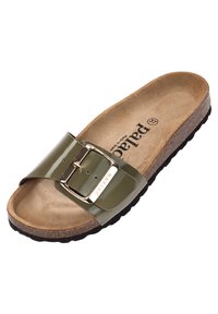 Green patent slide sandal with a wide strap, metal buckle accent, and a cork footbed. Textured black rubber sole visible.