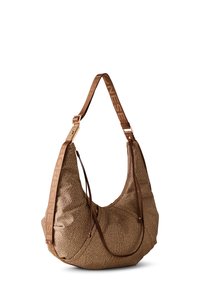 Brown textured handbag with a slouchy shape, featuring a subtle dotted pattern, thin brown straps, and a gold-tone clasp.