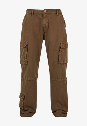 Brūni cargo bikses ir ar brīvu piegriezumu, vairākām sānu kabatām un izturīgu audumu ar smalku tekstūru. Aizver ar pogu un rāvējslēdzēju.