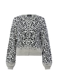 Leopard print cardigan in black, white, and grey, with long sleeves, a round neckline, and button closure at the front. Soft texture.