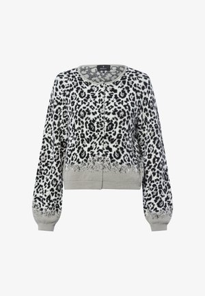Cardigan à motifs léopard en noir, blanc et gris, avec des manches longues, un col rond et une fermeture à boutons à l'avant. Texture douce.