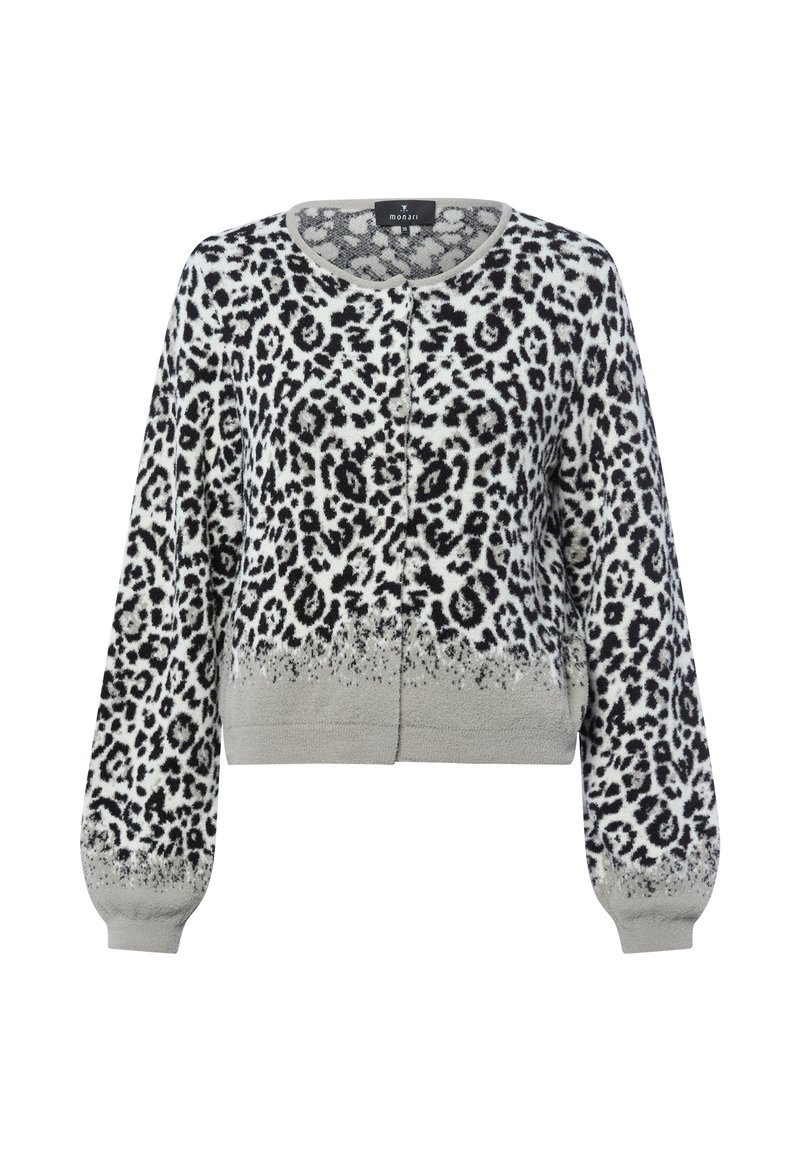 Leopard print cardigan in black, white, and grey, with long sleeves, a round neckline, and button closure at the front. Soft texture.