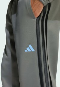 Šedé športové nohavice s hladkým povrchom, čiernymi bočnými pruhmi a modrým logom Adidas na stehne.