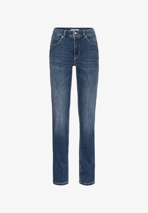 Dunkelblaue Denim-Jeans mit geradem Schnitt, Fünf-Taschen-Design, heller Naht und klassischem Reißverschluss.