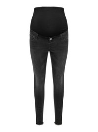 Black maternity jeans with a stretchy high waistband and frayed hems, designed for comfort and support during pregnancy.