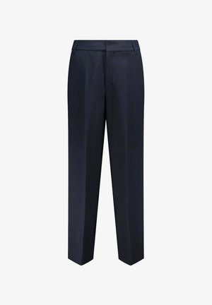 Pantalon bleu marine cintré avec passants de ceinture, pli devant et coupe droite.