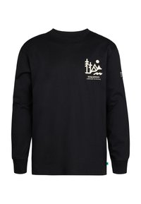 Musta pitkähihaisen t-paita, joka on valmistettu puuvillasta ja jossa on pyöreä pääntie. Etupuolella on valkoinen graafinen kuvio ja hihassa logo.