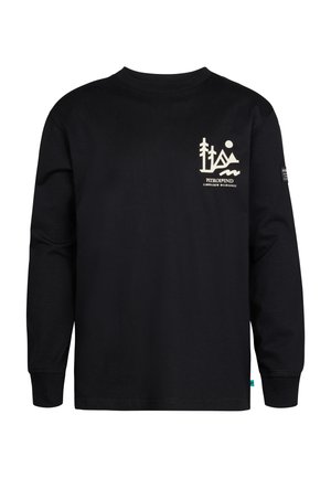 T-shirt a maniche lunghe nera in cotone con colletto a girocollo. Presenta una grafica bianca sul davanti e un logo sulla manica.