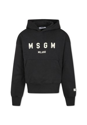 Felpa nera in cotone, con tasca frontale, cappuccio regolabile con cordino e testo bianco "MSGM MILANO" in lettere maiuscole.
