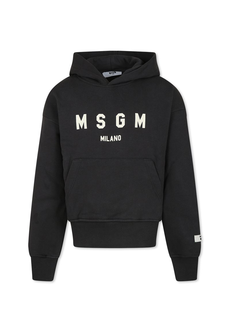 Felpa nera in cotone, con tasca frontale, cappuccio regolabile con cordino e testo bianco "MSGM MILANO" in lettere maiuscole.