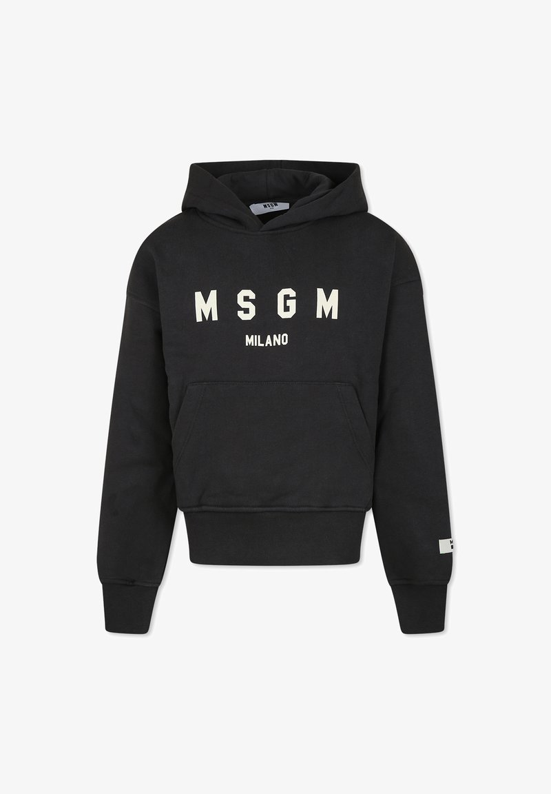 Felpa nera in cotone, con tasca frontale, cappuccio regolabile con cordino e testo bianco "MSGM MILANO" in lettere maiuscole.
