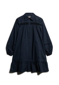 Dunkelblaues Hemdkleid mit Kragen, das einen gestuften Rüschensaum, elastische Ärmel und Spitzenbesatzdetails über der Brust aufweist.