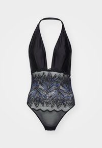 Maiô preto de uma peça com decote em V profundo, apresentando um painel de renda transparente adornado com padrões de folhas azuis e pretas. Material suave em toda a peça.