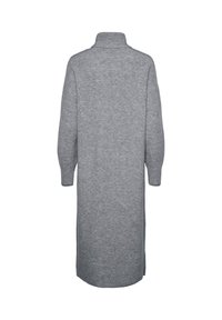 Γκρι πλεκτό φόρεμα με ψηλό γιακά και μακριά μανίκια, που διαθέτει χαλαρή εφαρμογή και πλευρικές σχισμές στο τελείωμα για ευκολία κινήσεων.