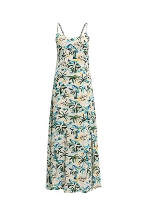 Maxi dress in lightweight fabric featuring a tropical palm print in greens and blues on a cream background, with thin adjustable straps.
