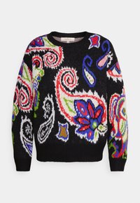 Pull en maille noire avec motifs cachemire et floraux colorés en rouge, bleu, vert et blanc. Col rond et manches longues.