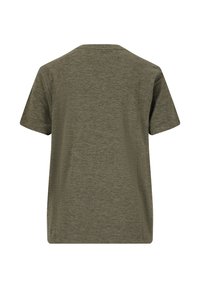 Oliivivihreä t-paita, lyhyet hihat, pyöreä kaula-aukko, valmistettu pehmeästä, kevyestä kankaasta, jossa on hienovarainen rakenne ja ilman lisäkoristeita.