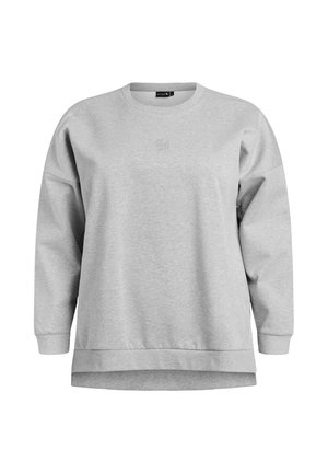 Grey sweatshirt made of soft fabric, featuring a round neckline, dropped shoulders, and a subtle logo on the chest. Adjustable hem.