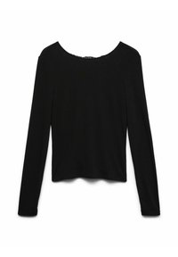 Crna majica dugih rukava s okruglim izrezom i opuštenim krojem. Izrađena od mekog materijala, s glatkom teksturom.