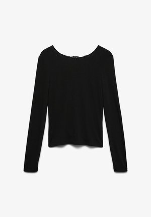 Črna dolga majica s dolgimi rokavi in okroglo izreza, sproščenega kroja. Narejena iz mehkega materiala, z gladko teksturo po celotni površini.