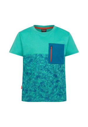 Short-sleeve turquoise kids’ t-shirt with a dark blue leaf pattern on the bottom half and a blue chest pocket with an orange zipper.