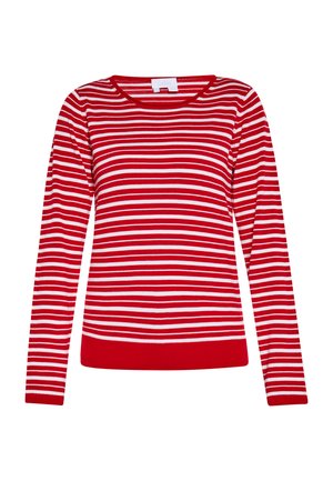 Punane ja valge triibuline pikkade varrukatega sviiter, millel on ümmargune kaelus ja soonik. Valmistatud pehmest ja venivast kangast.