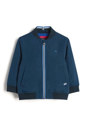 Veste bomber enfant bleu marine avec fermeture éclair sur le devant, col, poignets et ourlet côtelés, et deux poches obliques.