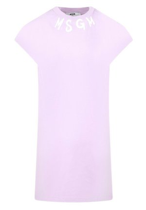 Camiseta de algodón lila con mangas cortas tipo capa y cuello redondo, con letras blancas "MSGM" en negrita a lo largo del hombro.